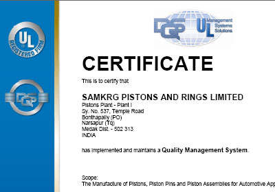 Certificate of Quality Management Pistons